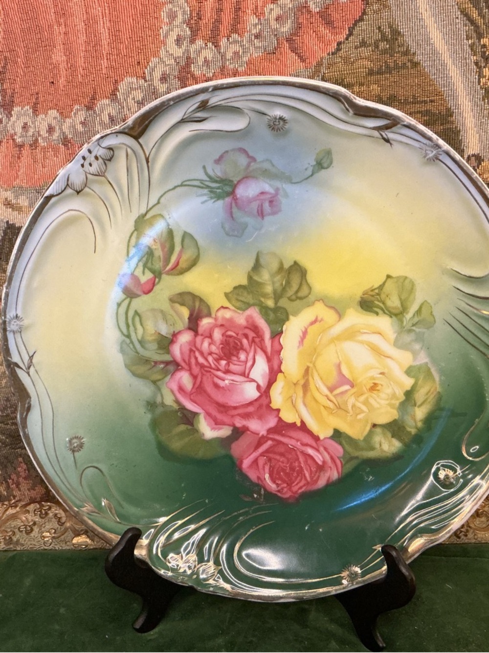 Hand-Painted Floral Rose Decorative Platter in Green and Yellow-Bavarian Germany